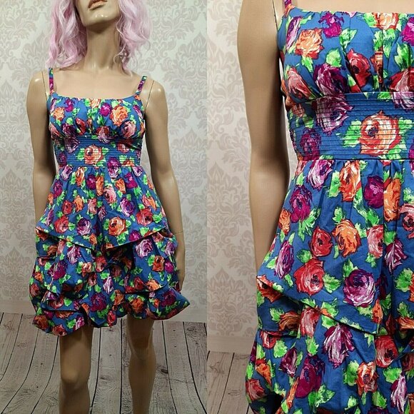 Y2K Floral Mini Bubble Dress Size 4 Vintage 2000s Sleeveless Coquette - Picture 1 of 12